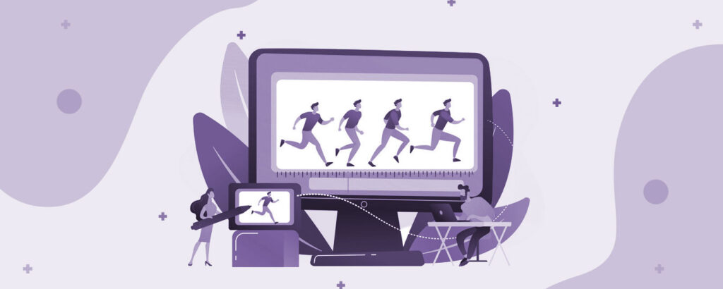 A man is using a laptop, women is standing with a pen and 4 people are running inside the screen