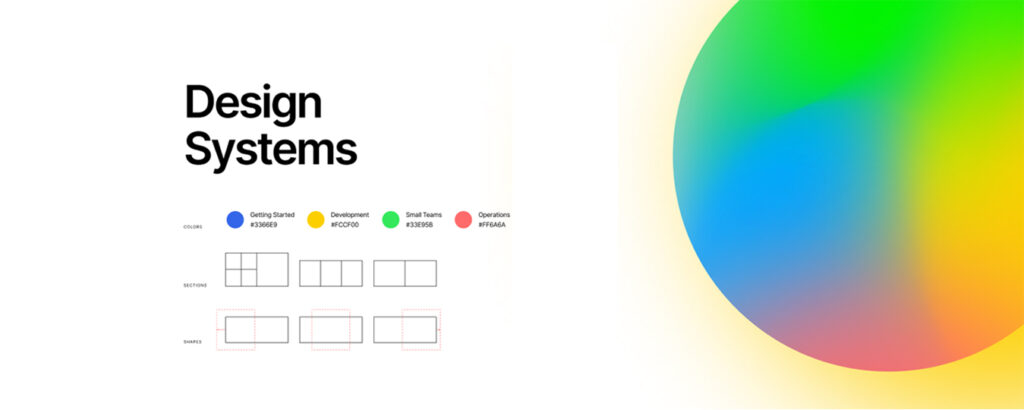 A Design Systems which has blue colour for getting started, yellow colour for development, green colour for small teams, red colour for operations and has 6 types of shapes.
